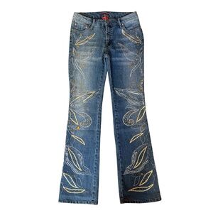 Destiny Embroidered Blue Flare Jeans Size 3/4 Y2K Festival Western Stretch